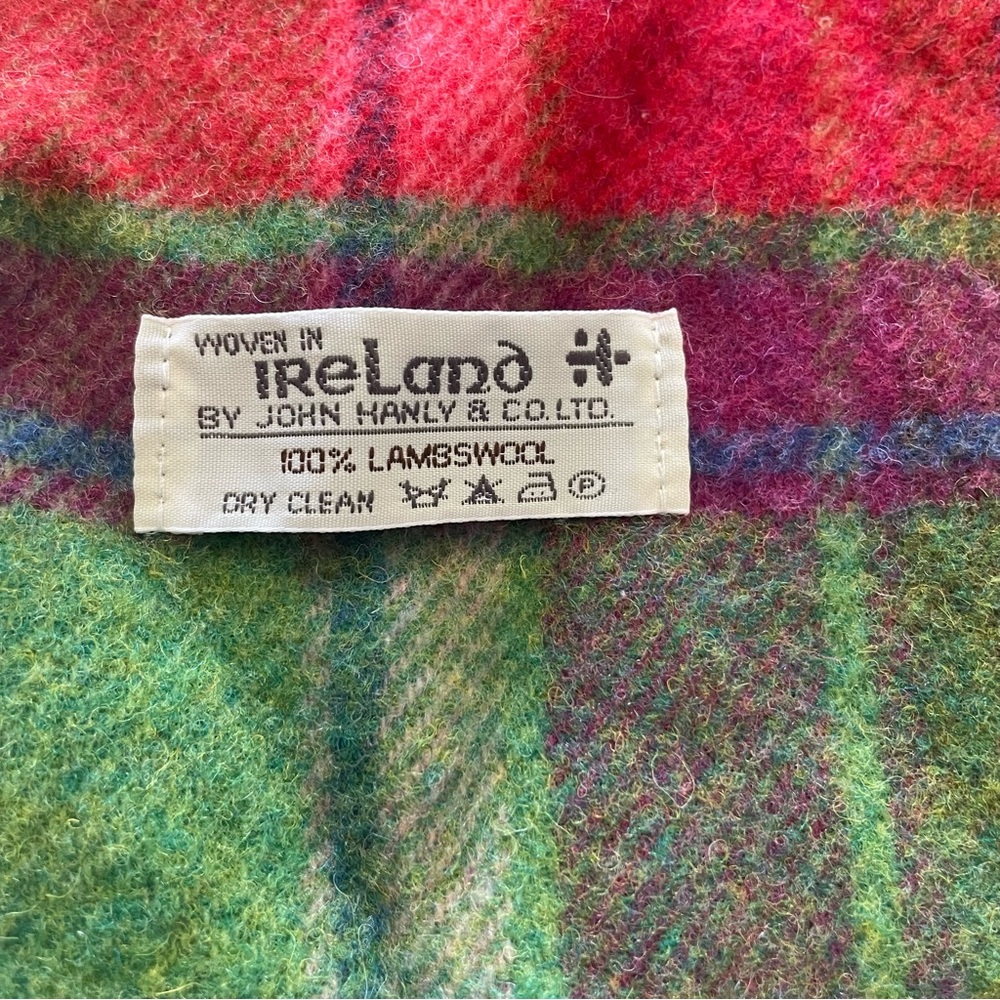 VTG John Hanly Plaid Multicolor Wool Scarf Ireland 100% Lambswool 64x9.5 inches